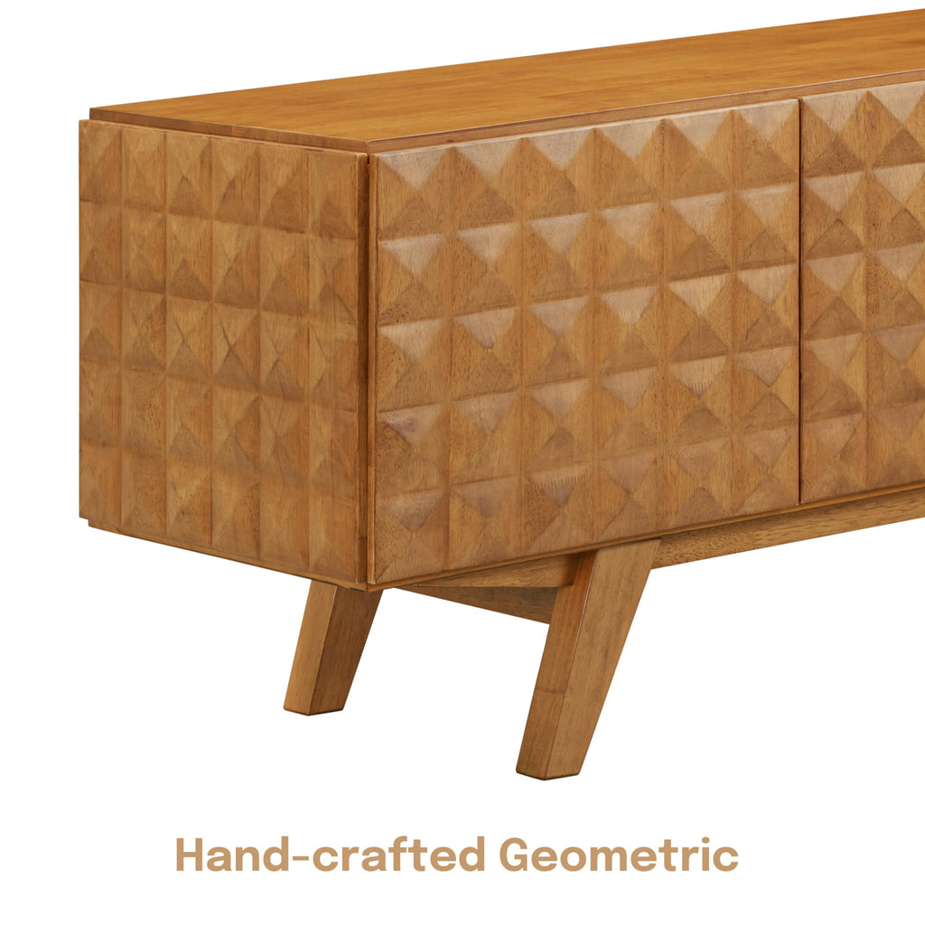 Sapa Mid-Century Modern Solid Wood TV Stand 4-Door Media Console with Carved Geometric Fronts for TVs up to 75"