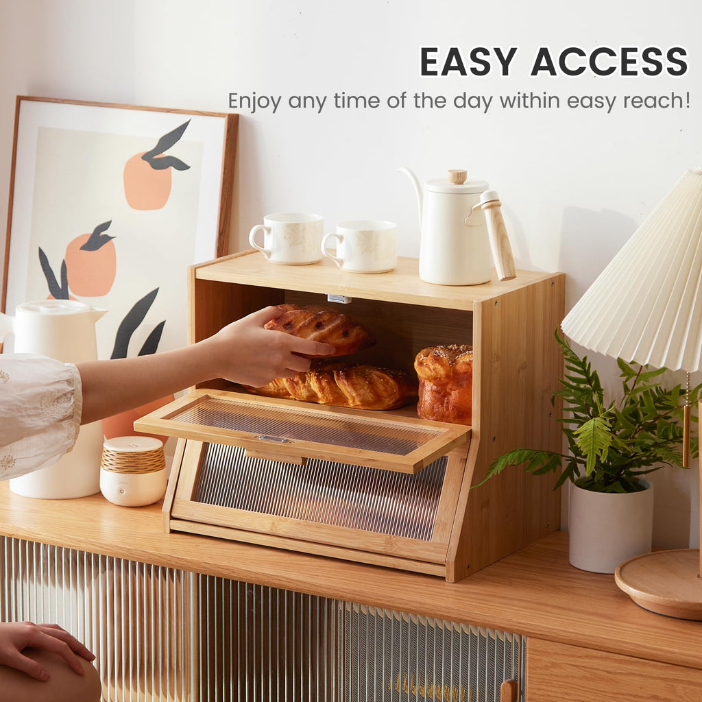 Double Layer Bamboo Counter,Large Capacity Bread Storage Bin,Bread Container with Acrylic Wavy Door Panel (Natural