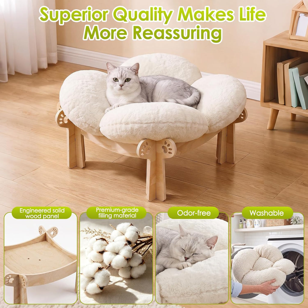 Cat Beds for Indoor Cats, Elevated Wooden Cat Bed Soft Removable Cushion