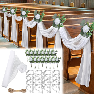 34 Pcs Wedding Aisle Pew Bows Decor with Tulle Silk Flower