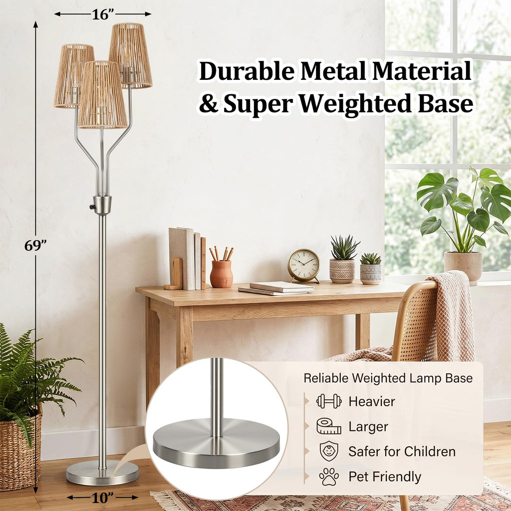 Boho Floor Lamp, Farmhouse Rattan 3-Light Floor Lamp