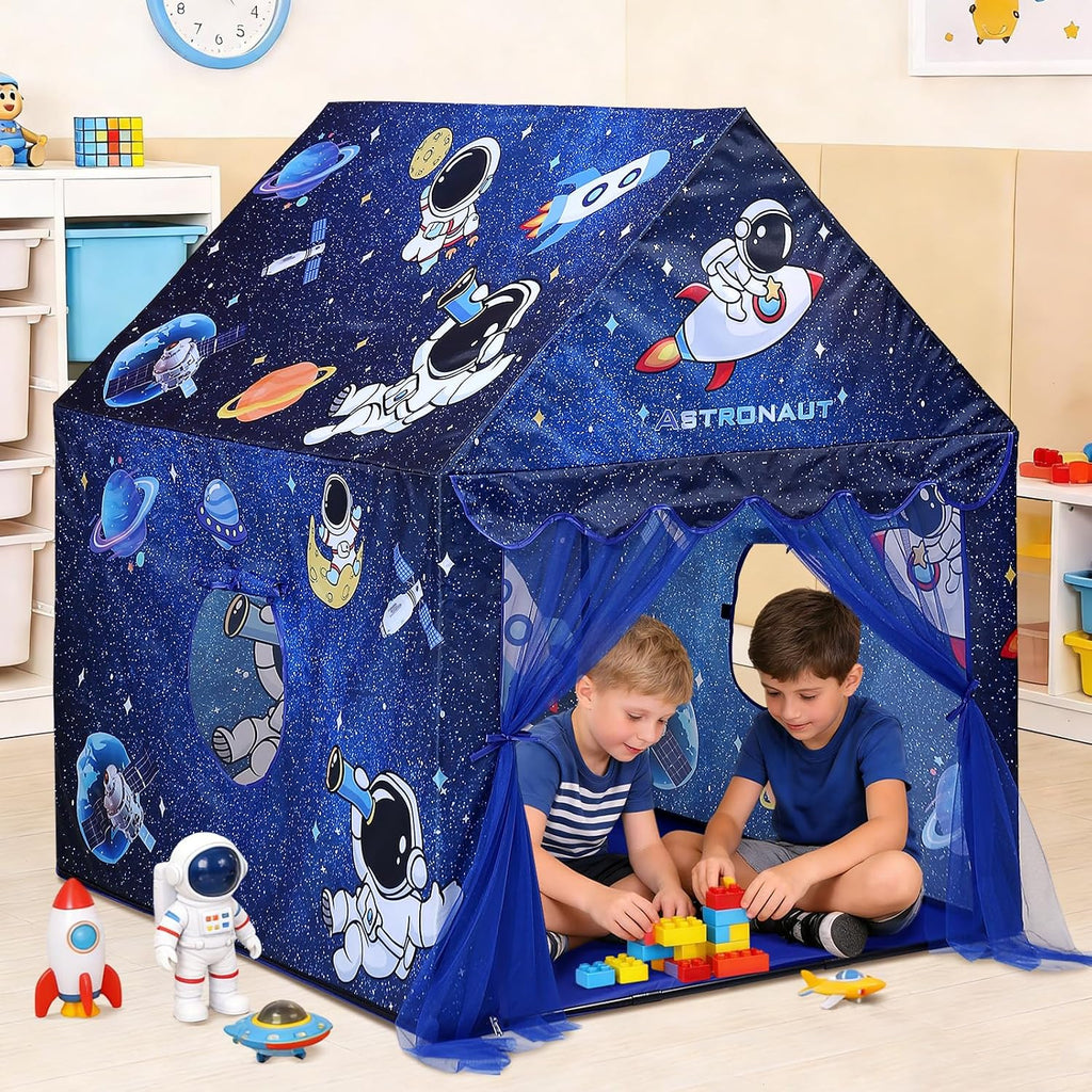 Kids Tent Blue Space Play Tent for Boys,Large and Foldable Kids Playhouse with Windows, Portable and Lightweight Play