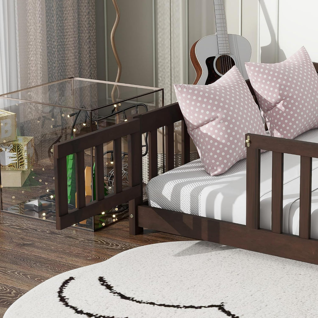 Floor Bed for Kids, Girls, Boys, Rubber Wood Floor Bed with slats and Door/Rails/Fence, Espresso