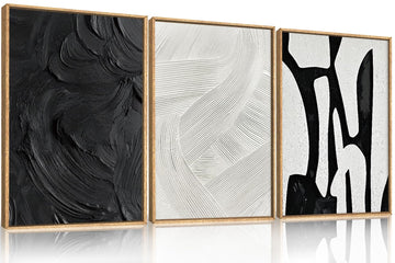 Large Modern Black and White Framed Canvas Wall Art Set-24"x36"x3