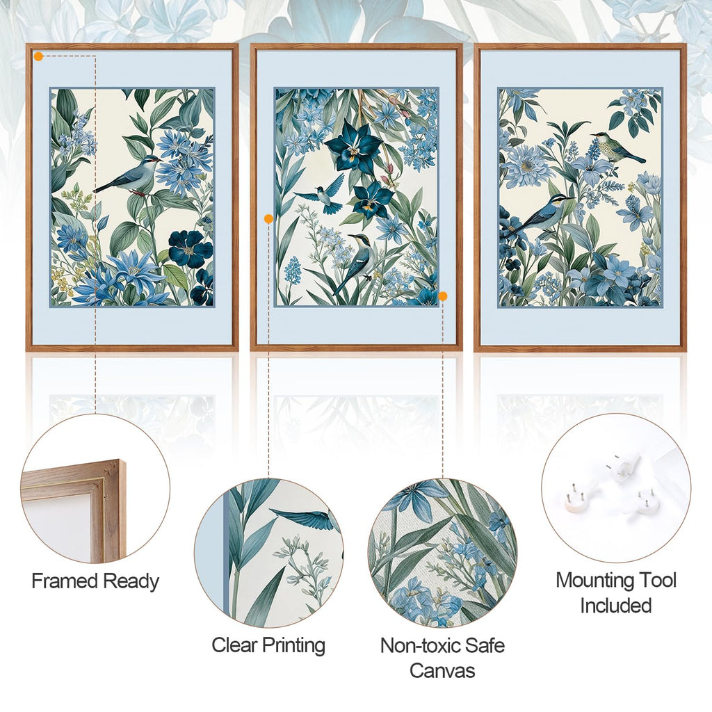 3 Pcs Blue Birds Flowers Framed Canvas Wall Art 24x36 Inch