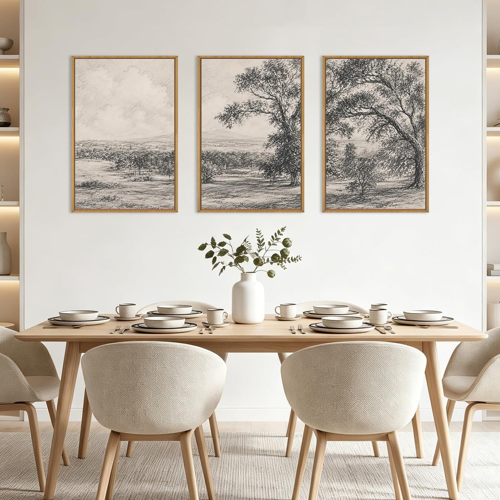 Large Neutral Tree Forest Sketch Framed Wall Art 16x24 Inch Vintage Grey Nature Landscape Canvas Artwork Rustic