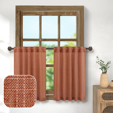 Terracotta Kitchen Curtains Boho Farmhouse 36 Inch Length Linen Sheer Back Tab Pocket Short Small Window Curtains