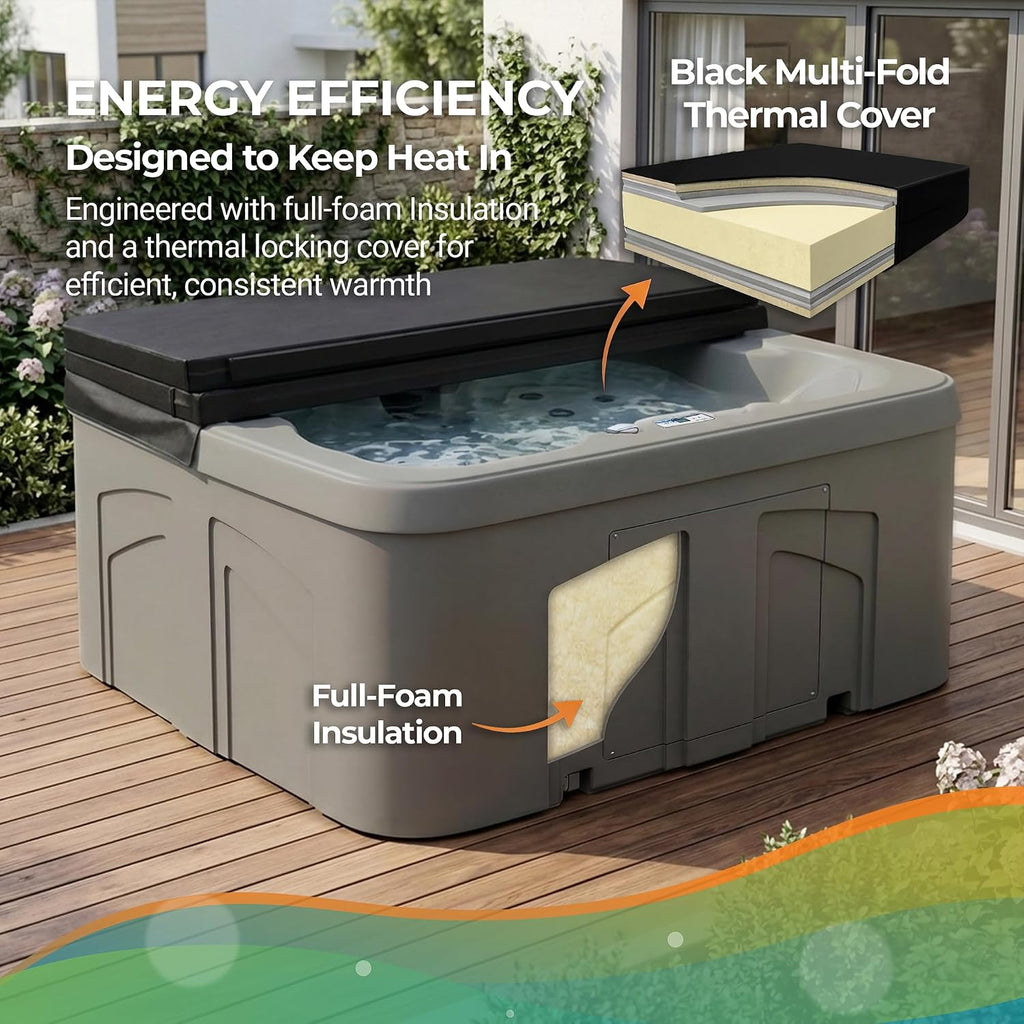4-Person Plug & Play 13-Jet Hot Tub Spa and Thermal Cover, Taupe | Square Outdoor Spa with 1.0 HP Pump, Cover and LED