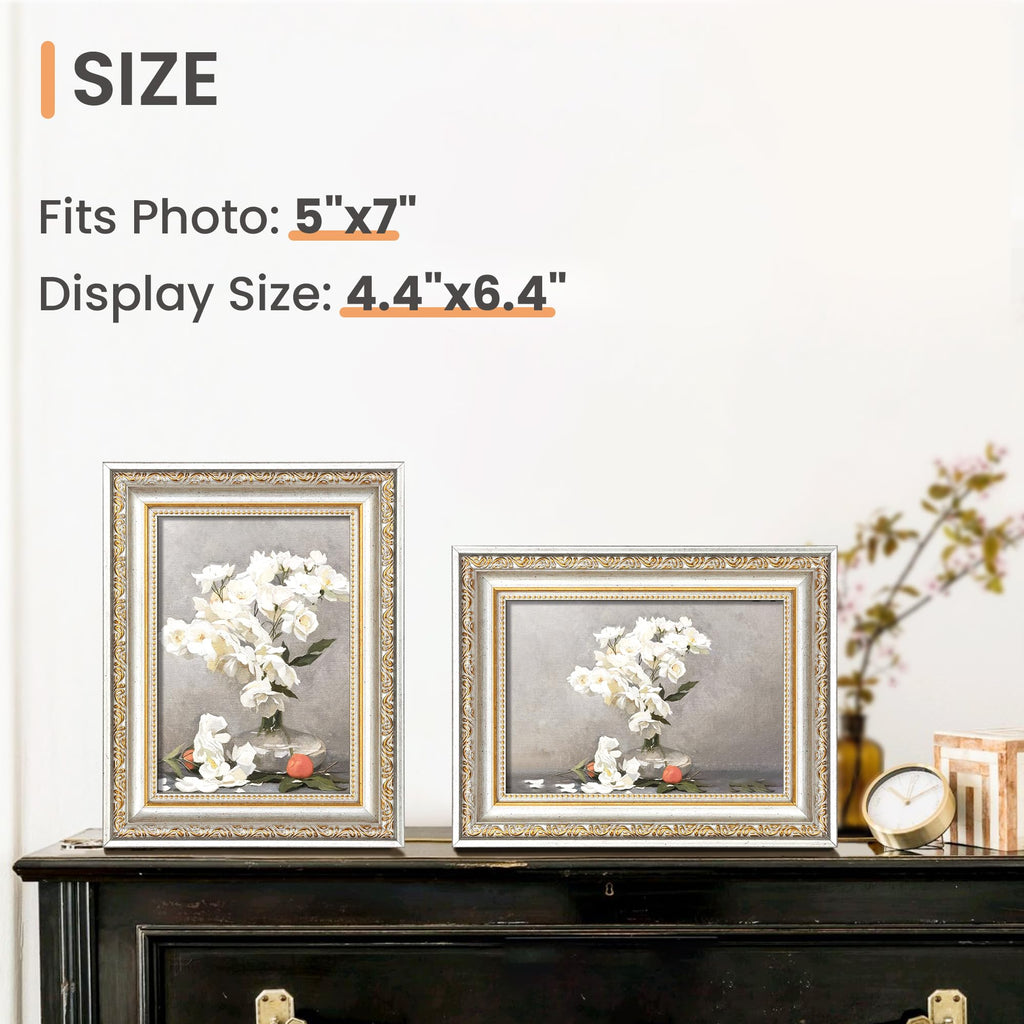 Vintage 5x7 Picture Frame, Antique White and Gold Frames, 2 Pack