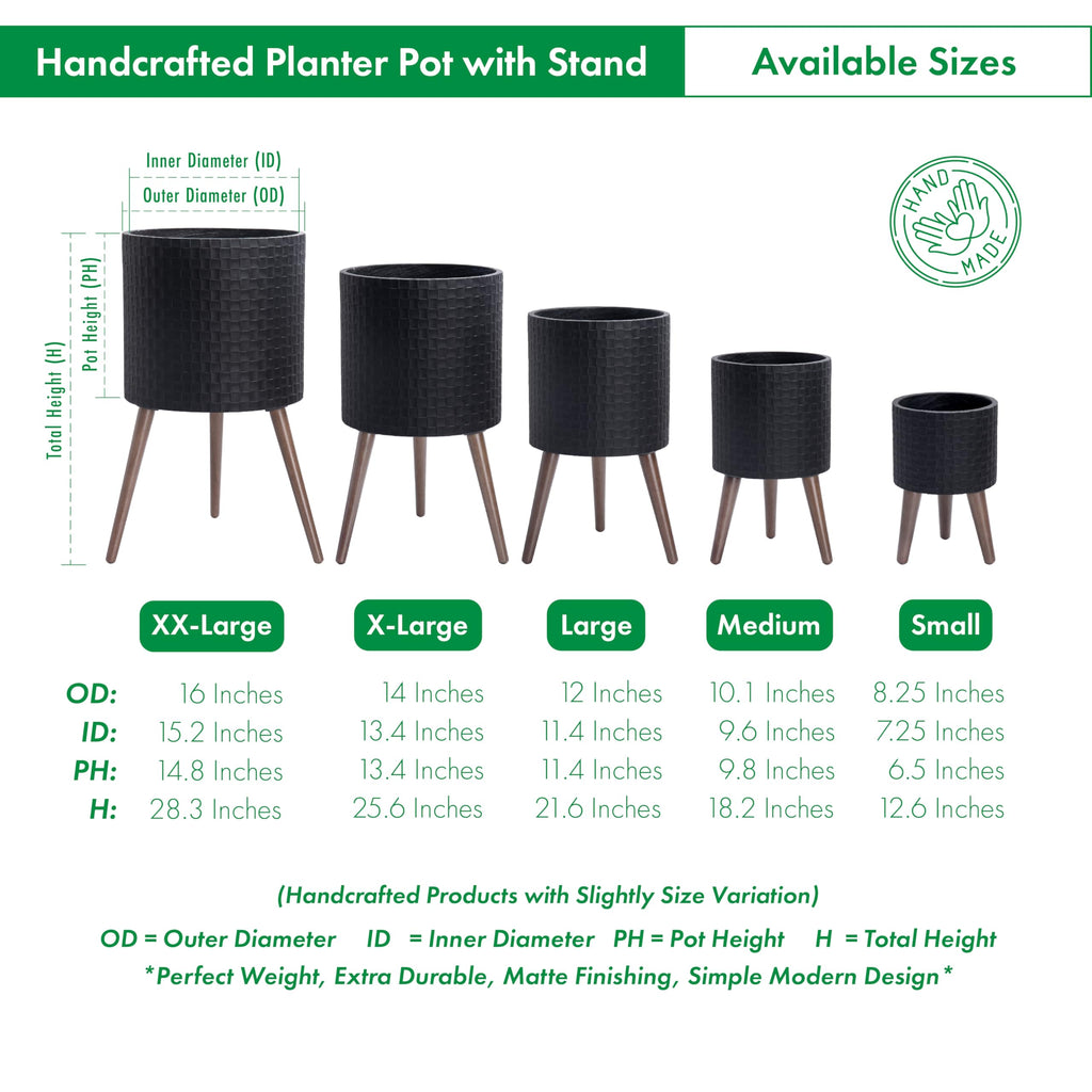 Planter Pot with Wood Stand, 14 in, Matte Black