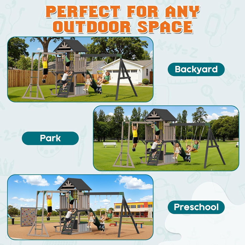 Wooden Swing Set for Kids, Outdoor Playset with Playhouse | 11-in-1 Backyard Playground, Wave Slide, 2 Swings