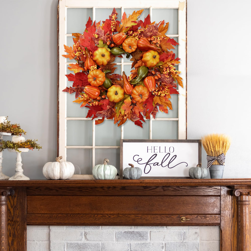 Fall Wreath 23'' Artificial Autumn Front Door Wreath with Large Pumpkins Clusters of Berries Maple Leaves Acorn for