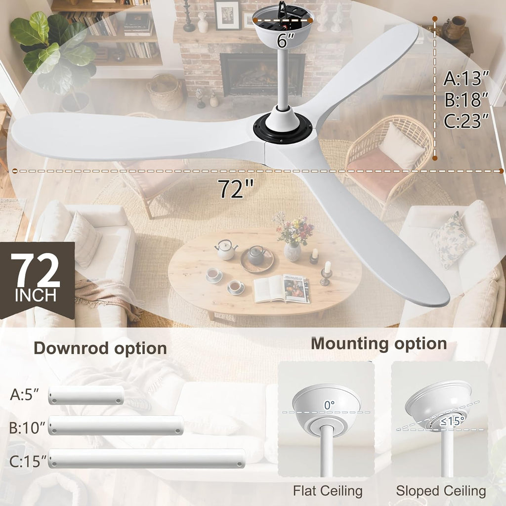 Inspired Maverick Style 72" White Ceiling Fans Without Lights, 72 Inch Outdoor Ceiling Fans no Lights, 3 Blade Solid Wood Damp Rated Ceiling Fan with Remote Control for Living Room Porch Gazebo Farmhouse/Patios-White Blades A102-B0CMTM6RL5