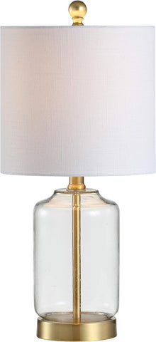19.5" Brass Gold and Clear Glass Table Lamp, Glam Transitional Bedside Lamp Nightstand, White Linen 
