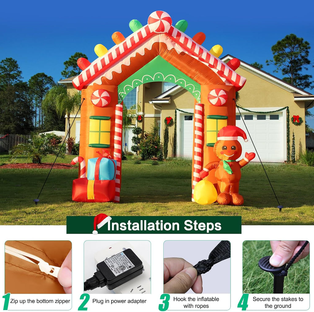9FT Christmas Inflatable Archway Outdoor Decorations, Blow Up Gingerbread House Arch Yard Decoration with Colorful