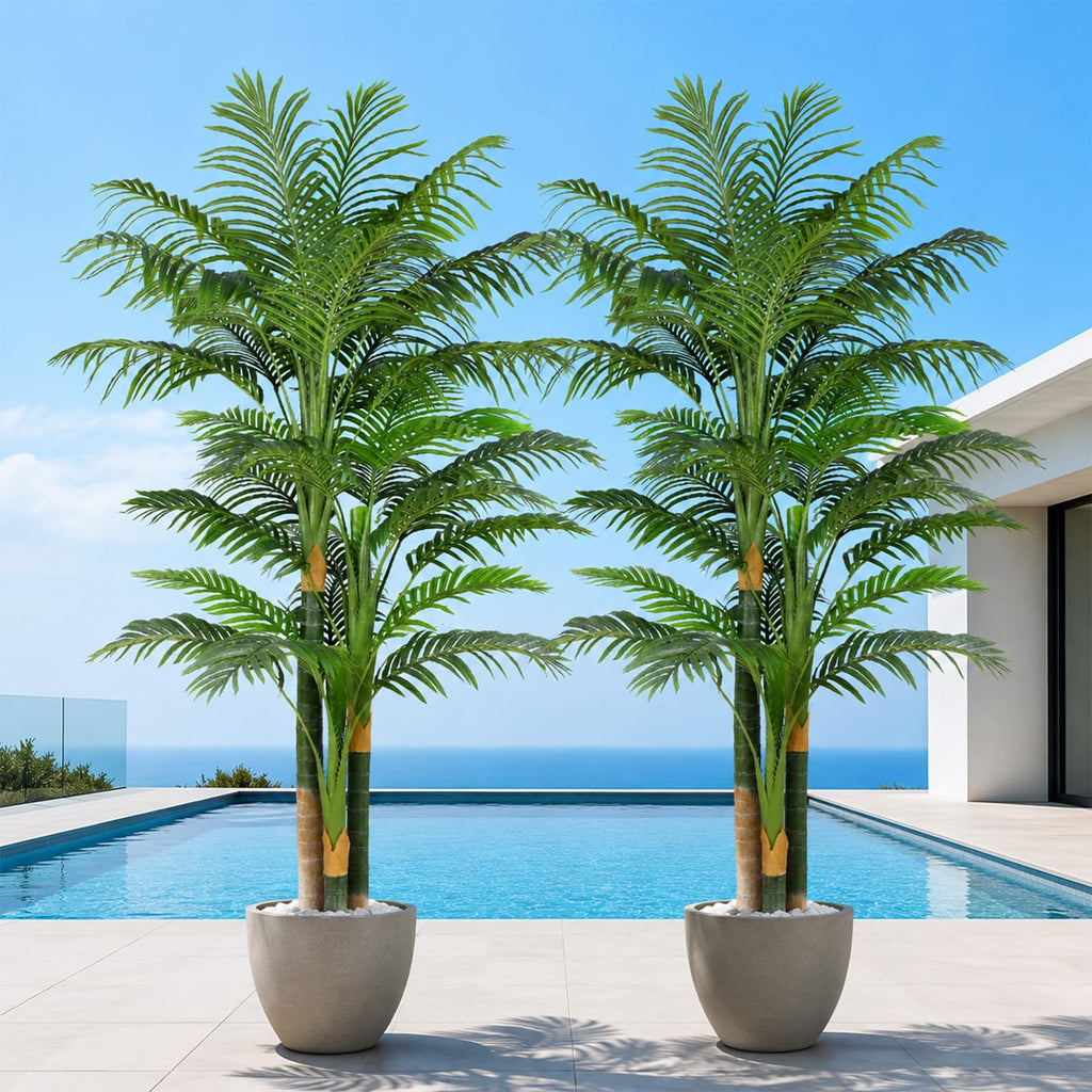 7FT Artificial Palm Tree - Tropical Faux Golden Cane Palm Tree UV Resistant Tall Fake Plant Indoor with Black Pot