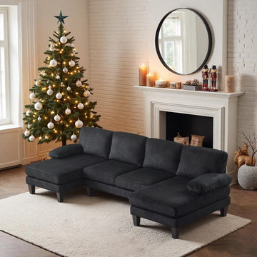 110" Sectional Couches, U Shaped Couch with Double Chaise, 4-Seat Sofa Set with Corduroy Fabric Furniture, Black