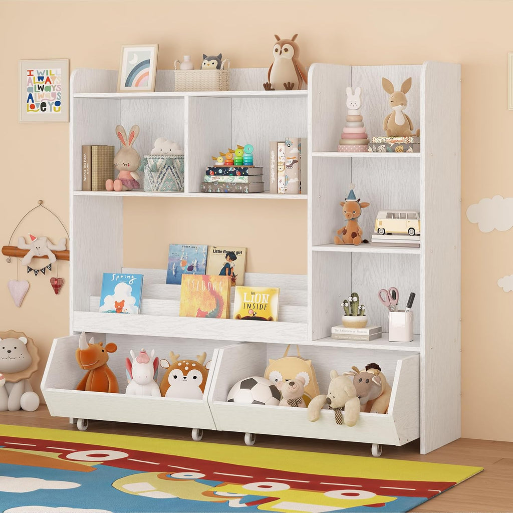 Kids Bookshelf and Toy Storage Organizer with 2 Rolling Bins, 5-Tier Open Wooden Bookcase for Children's Bedroom