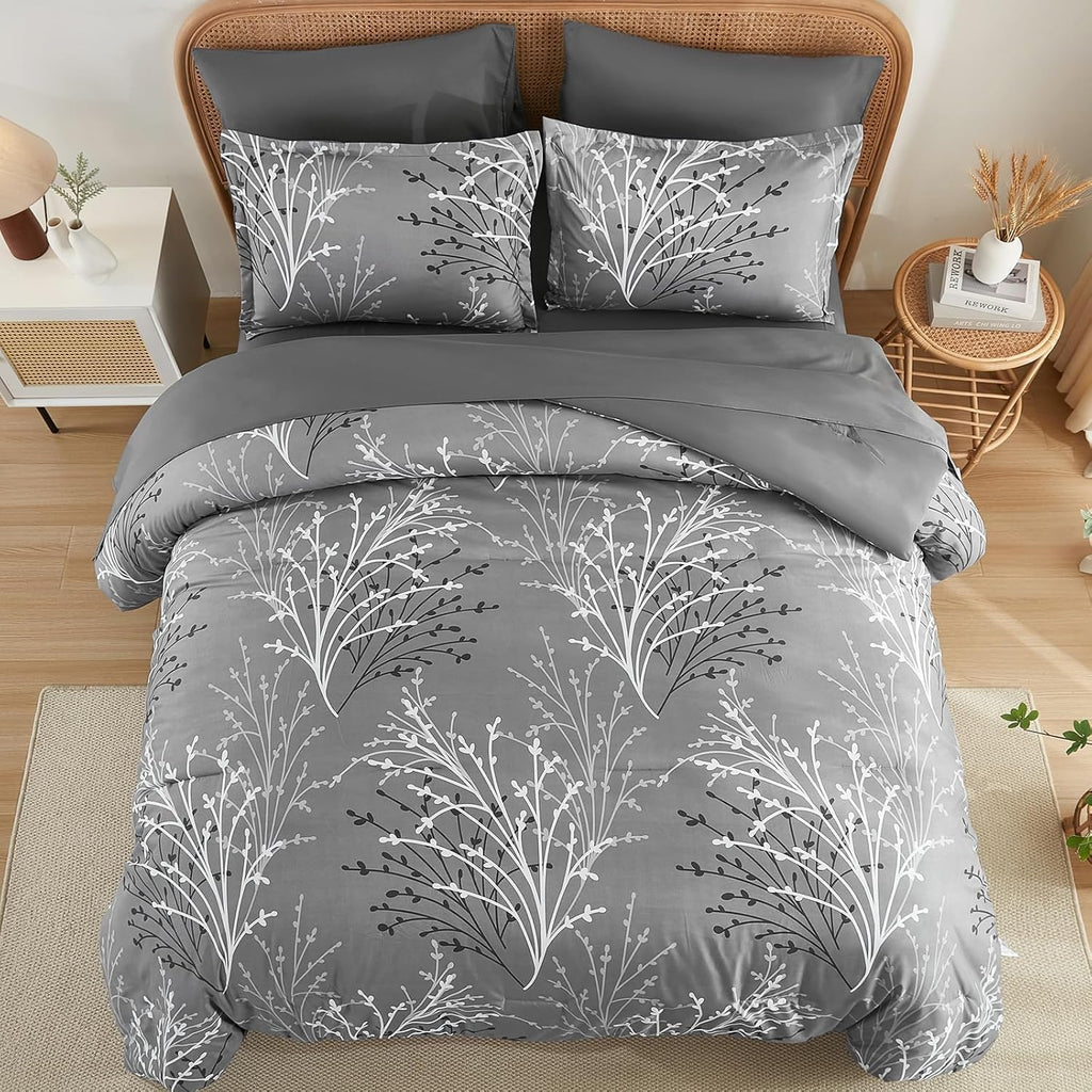 DJY Gray Comforter Set Queen Branch Botanical Bed in a Bag 7 Piece Grey Floral Comforter