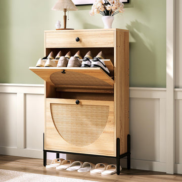 Narrow Shoe Cabinet with 2 Flip Drawers and Rattan Doors, Oak