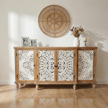 63" Solid Wood Sideboard Buffet Cabinet with Storage, Carved Credenza