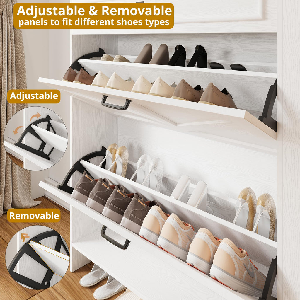 Shoe Storage Cabinet with 2 Flip Drawers & Barn Door, White/Black