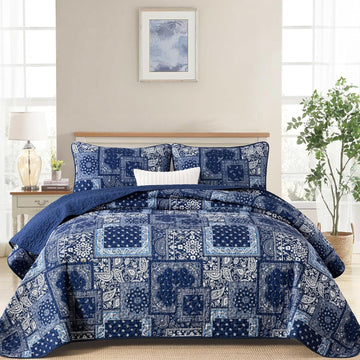 Blue Patchwork Quilt Set,Boho Navy Blue Quilt Set,Paisley Farmhouse Bedspread Soft Microfiber Bedding Set for