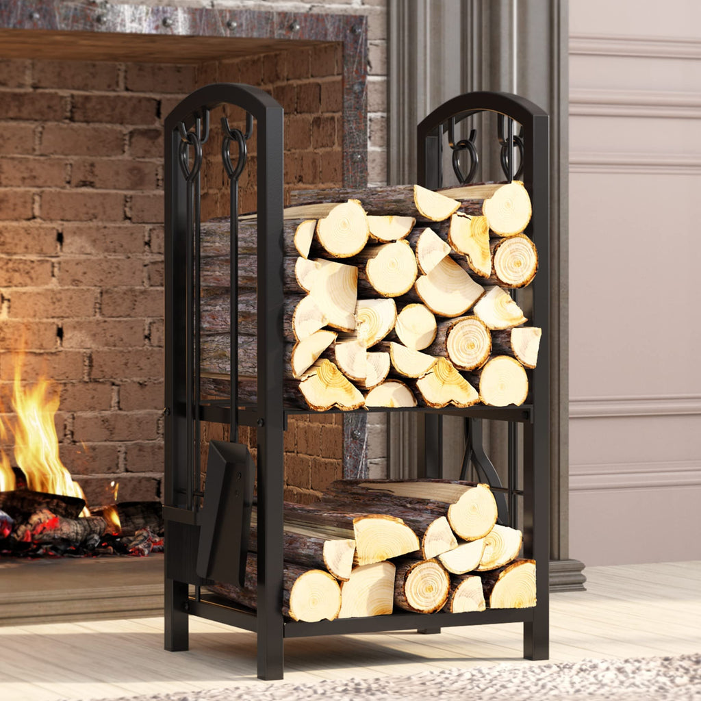 Firewood Rack Log Holder Wood Storage with 4 Fireplace Tool Set