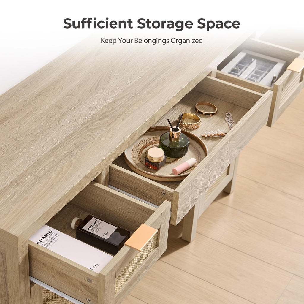 52" Rattan Vanity Desk with 3 Drawers & 2 Cabinets, Vanity Table