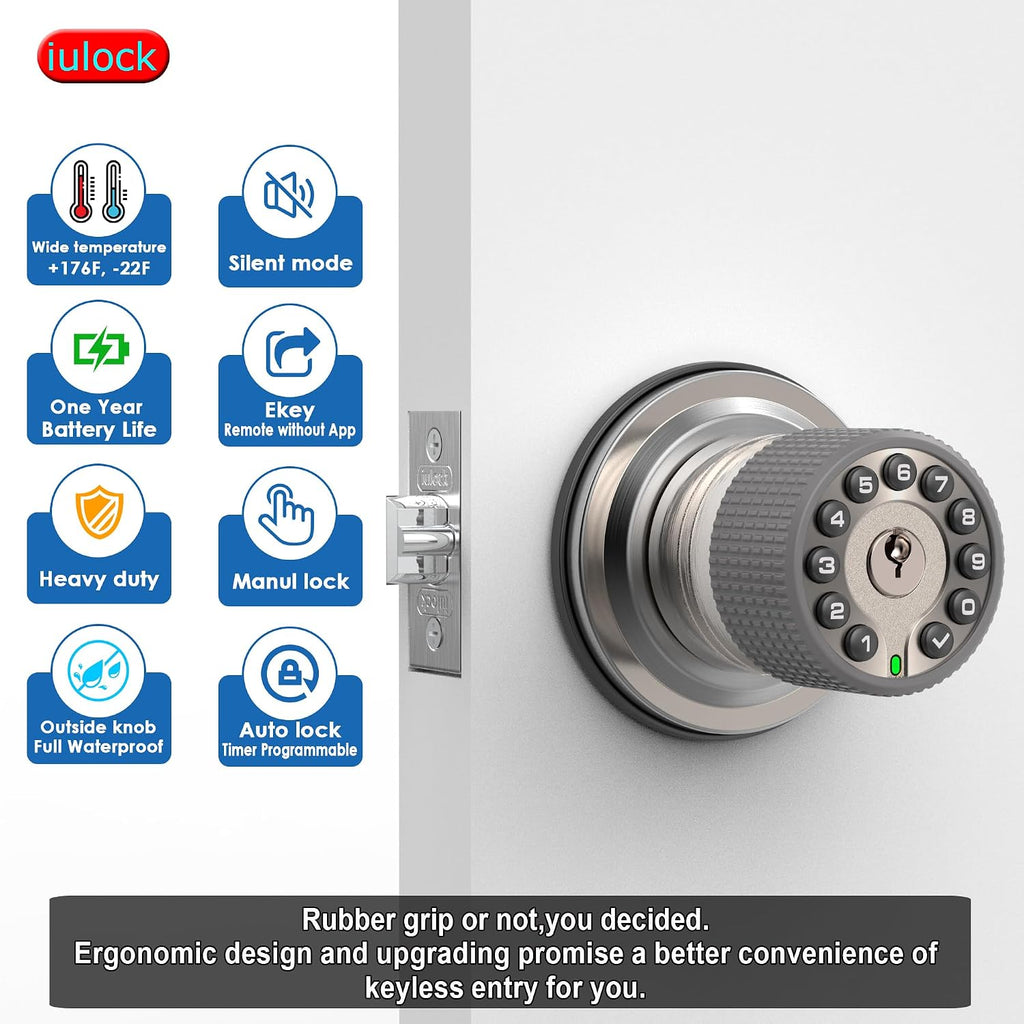 Smart Door Knob with Keypad and Key,Keyless Entry Door Lock with Rubber Grip, Auto Lock,50 User Code,Waterproof, Easy