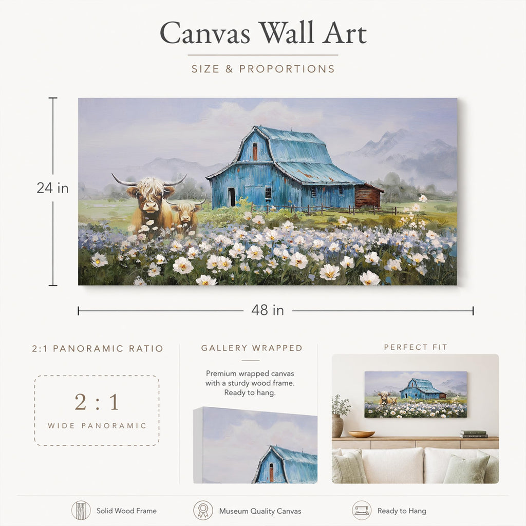 Farmhouse Highland Cow Canvas Wall Art 48"x24"