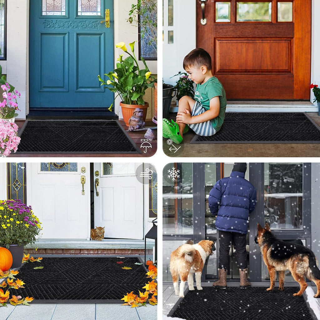 Front Door Mat Outside Entrance, Low Profile Rubber Doormat, 35x23 | Irregular Triangle, Black, Sturdy Heavy Duty Mat