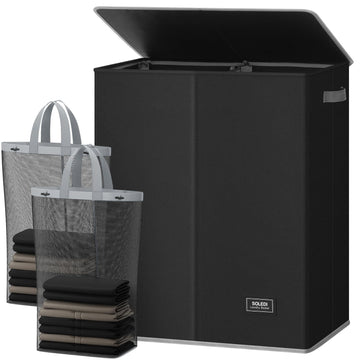 Double Laundry Hamper with Lid and Removable Laundry Bags,Divided Laundry Bin - Large Clothes Hamper 2 Section