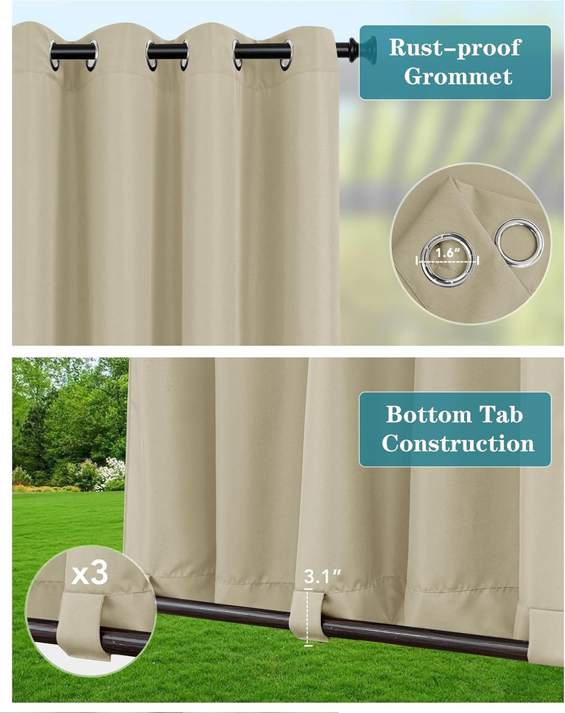 Windproof Outdoor Curtains Waterproof 4 Pcs 110x108 In Cream | Grommet Top and Tab Bottom Outside Drapes,Weatherproof