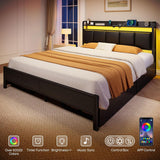 Bed Frame Queen with Charging Station and LED Lights, Upholstered Storage Headboard with Drawers