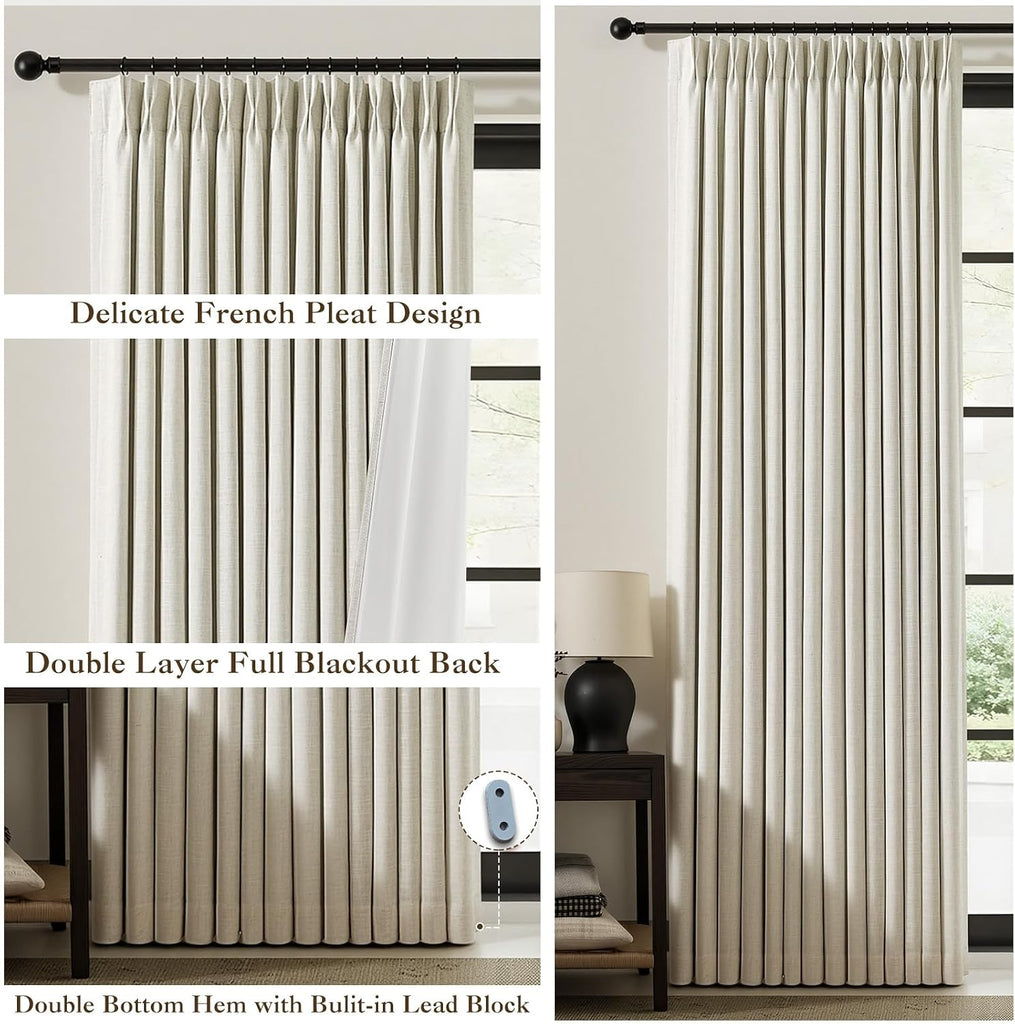 Natural Pinch Pleated 100% Blackout Linen Curtains 90 Inch Length, Black Out Pinch Pleat Curtains for Living Dining