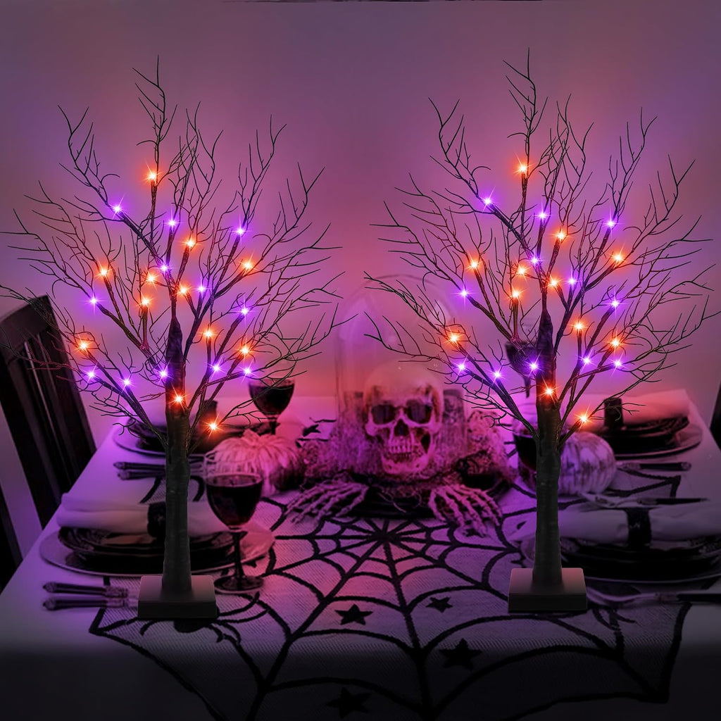 [Timer] 2 Pack Halloween Decorations Indoor, 24 Inch Halloween Tree with 24 Orange & Purple Lights, USB & Battery - Set of 2