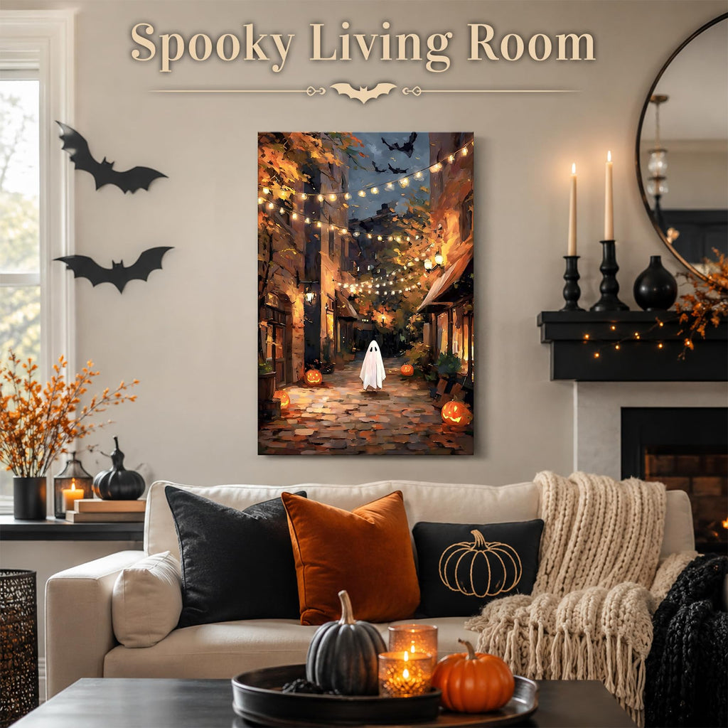 Framed Halloween Ghost Street Wall, Pumpkin Lantern Night Town Canvas Prints, Cozy Spooky Wall Decor Pictures Canvas