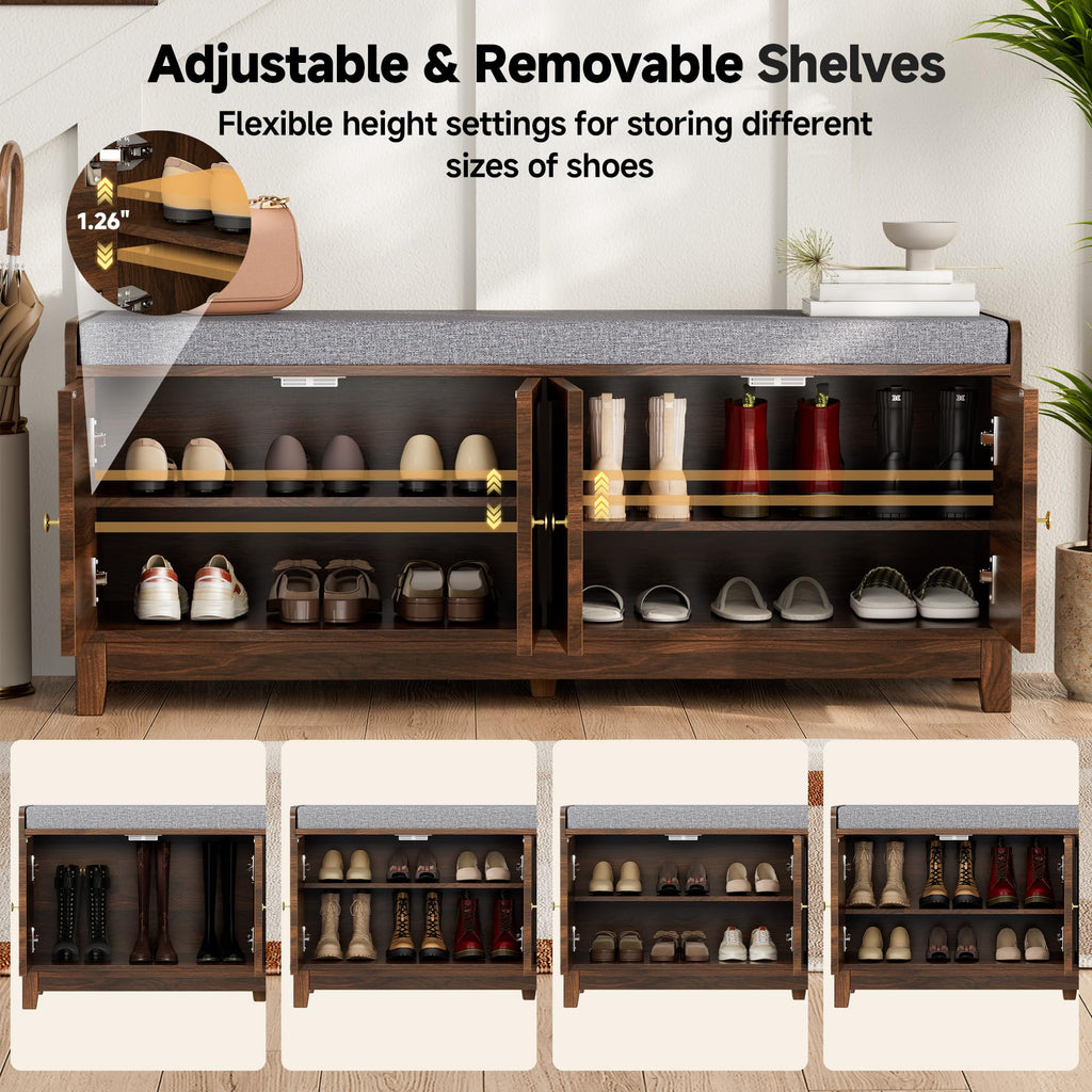 2-Tier Shoe Storage Bench w/4 Doors & Thickened Padded Seat Cushion, Walnut