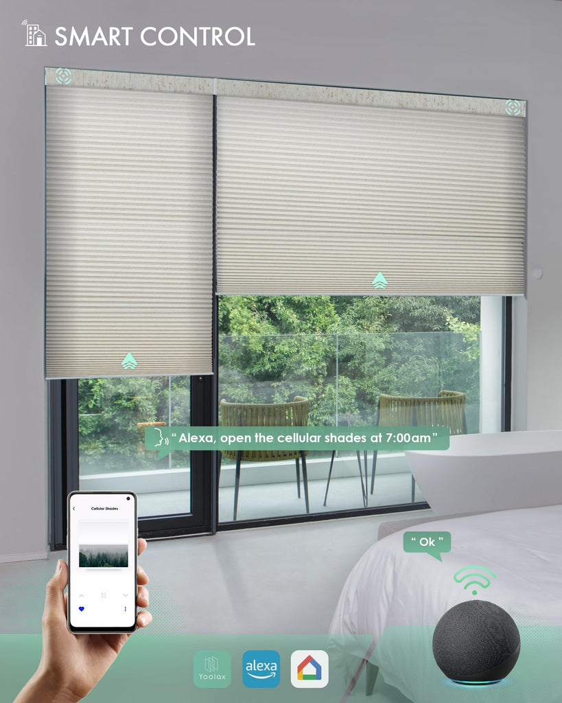 Motorized Cellular Shades, Custom, Light Filtering, Linen Beige