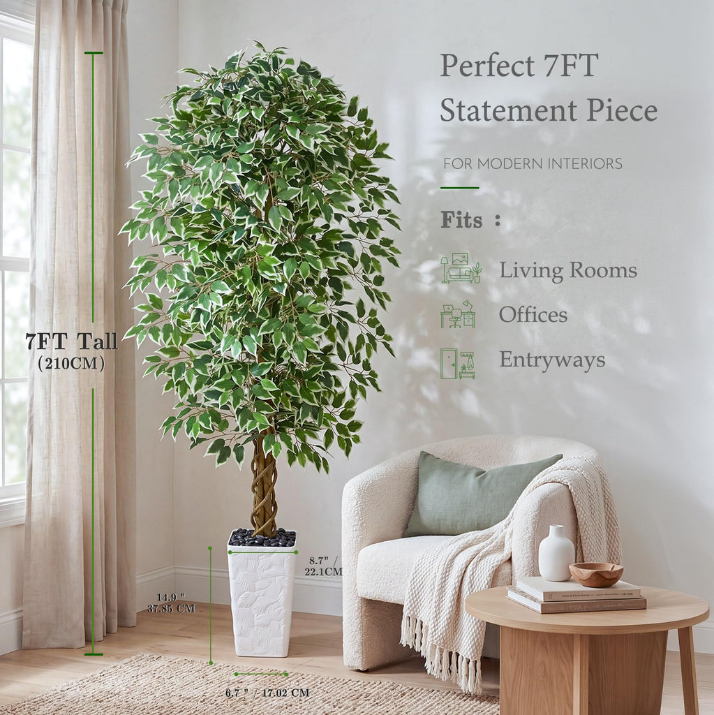 Ficus Tree 7FT, Large Fake Tree Decor (White Planter)