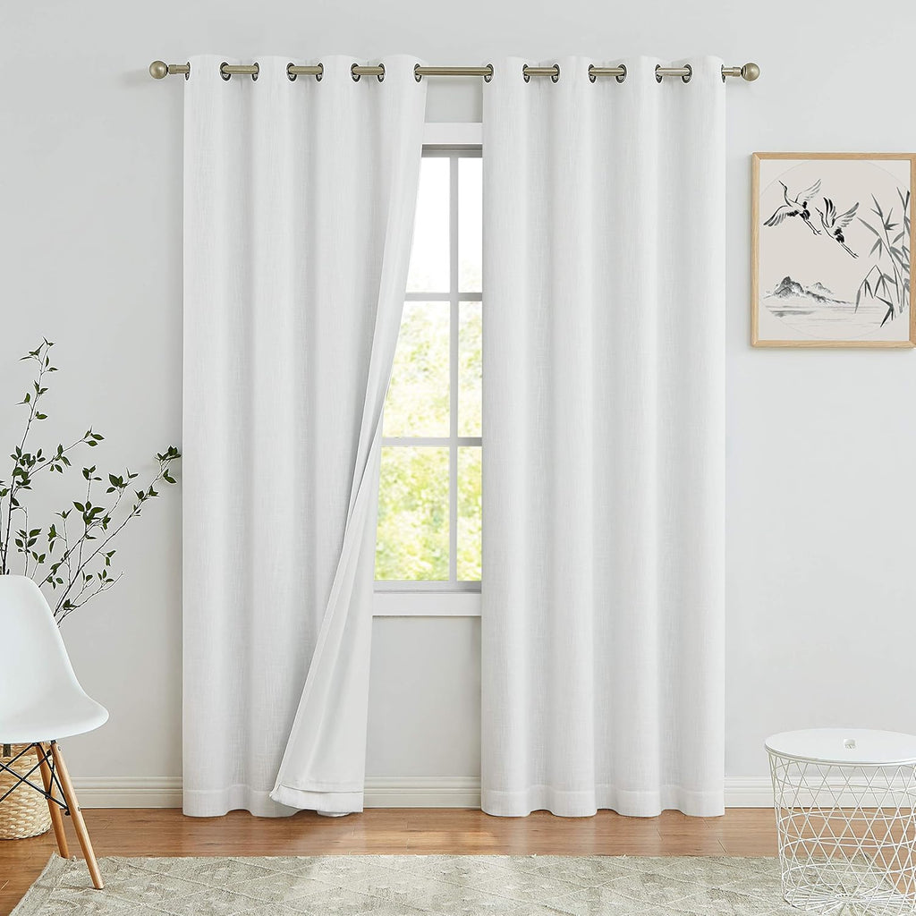 Full Blackout Window Curtains - Noise Reducing, Thermal Insulated, Heavy Linen Texture, 8 Grommets, Cream White, 50"