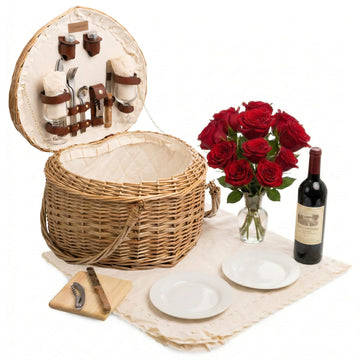 Heart Picnic Basket for 2, Wicker Basket with Handle, Complete Deluxe Service for Two, Handwoven and Sturdy Willow
