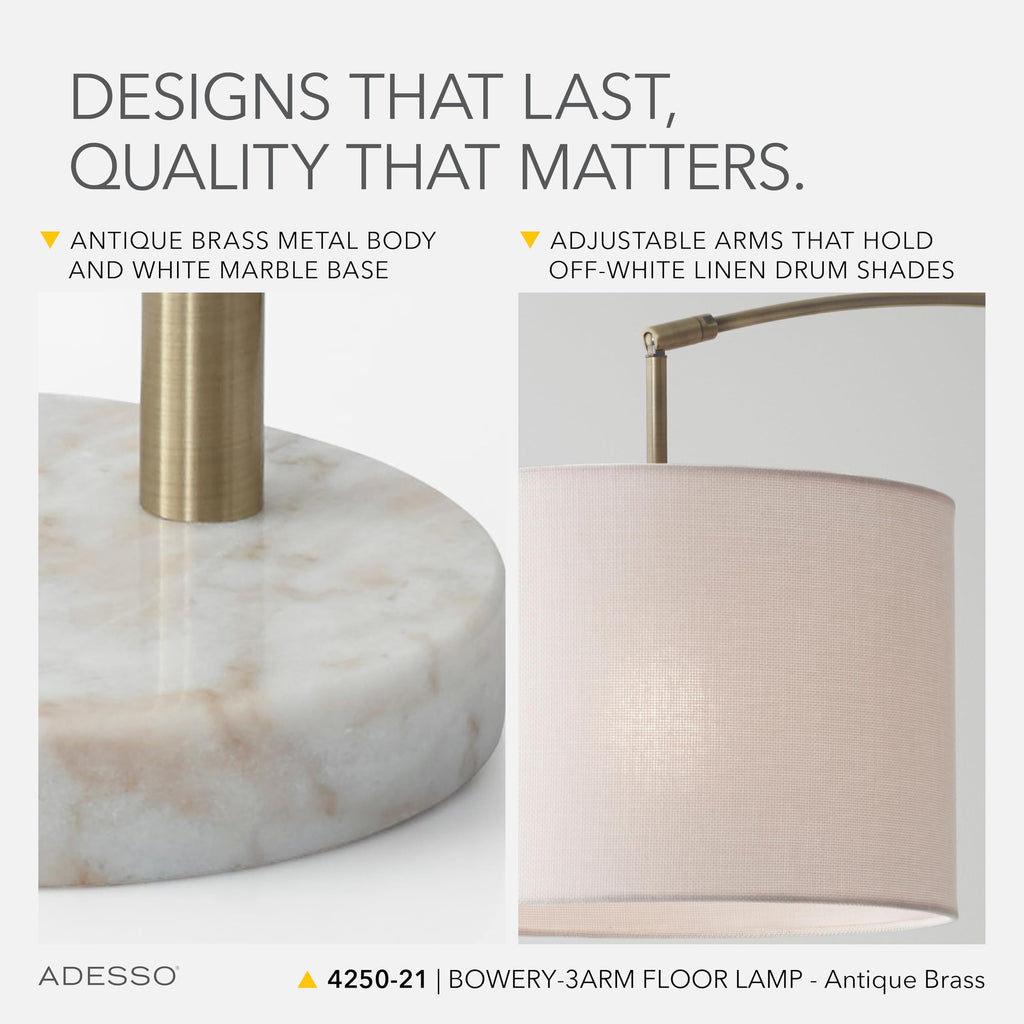 3-Arm Arc Floor Lamp with Marble Base and Off-White Linen Lampshade - 4-Way Adjustable Brightness, Bedroom, Home