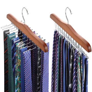 Tie Rack Hanger for Closet 2 Packs, Wooden Tie Organizer for Men with 24 Folding Hooks, Space Saving Necktie Holder