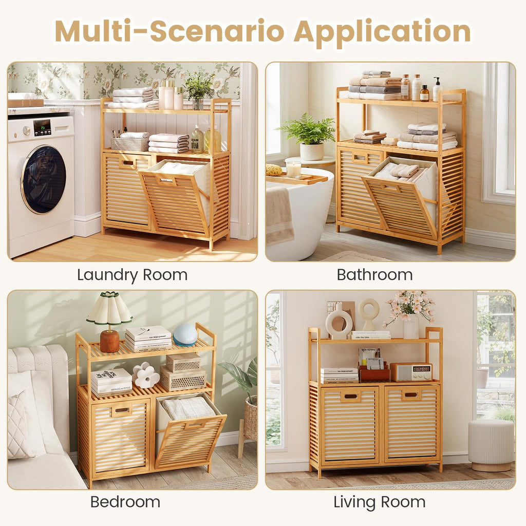 Double Tilt Out Laundry Hamper w/2-Tier Storage Shelf