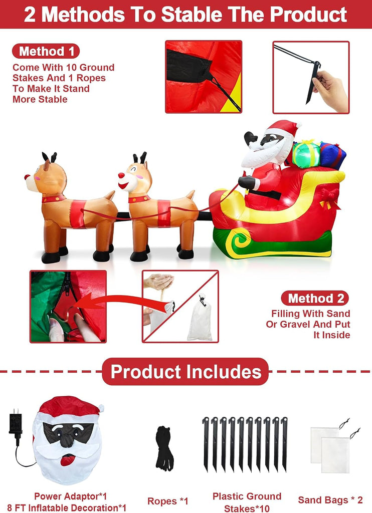 8 Ft Long Christmas Inflatables Black Santa Claus On Sleigh with Reindeer
