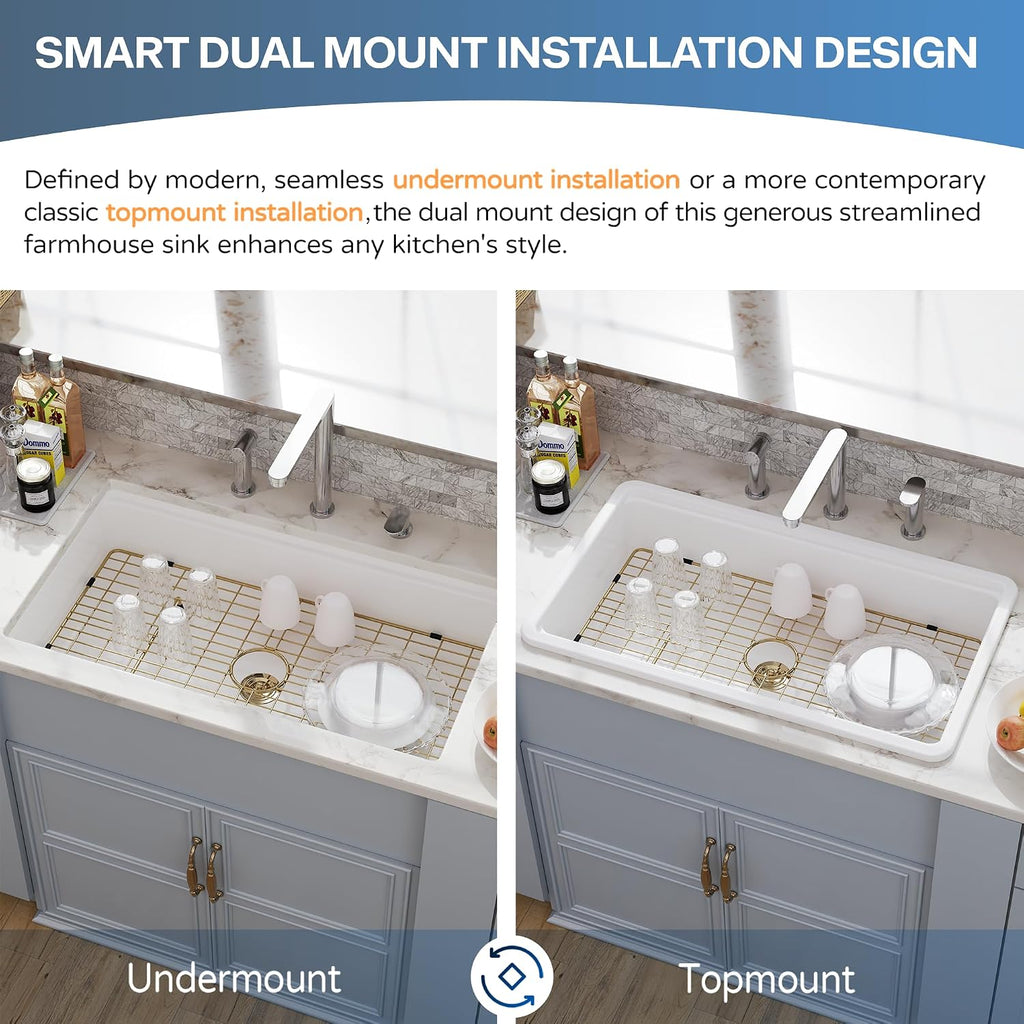 33 White Undermount Kitchen Sink Workstation, Topmount & Undermount Kitchen Sink 33x19 inch White Porcelain Ceramic