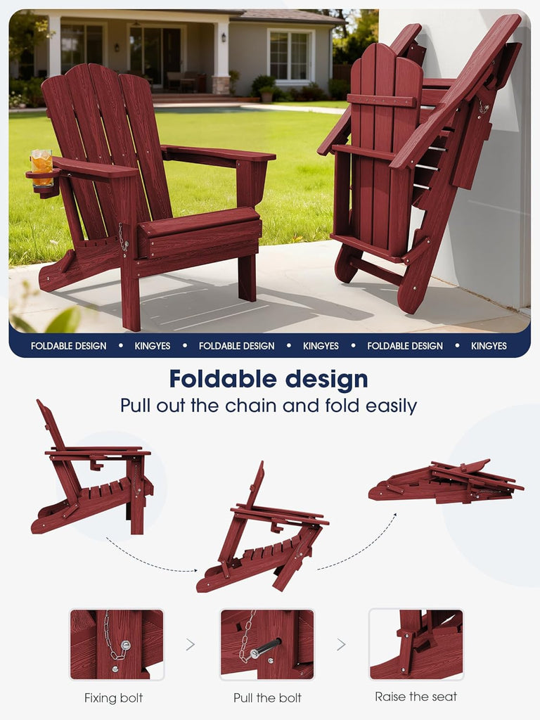 Folding Adirondack Chair Set of 4 with Cup Holder, Red | HDPE All-Weather Patio Chairs, Wooden Textured Lawn Chair