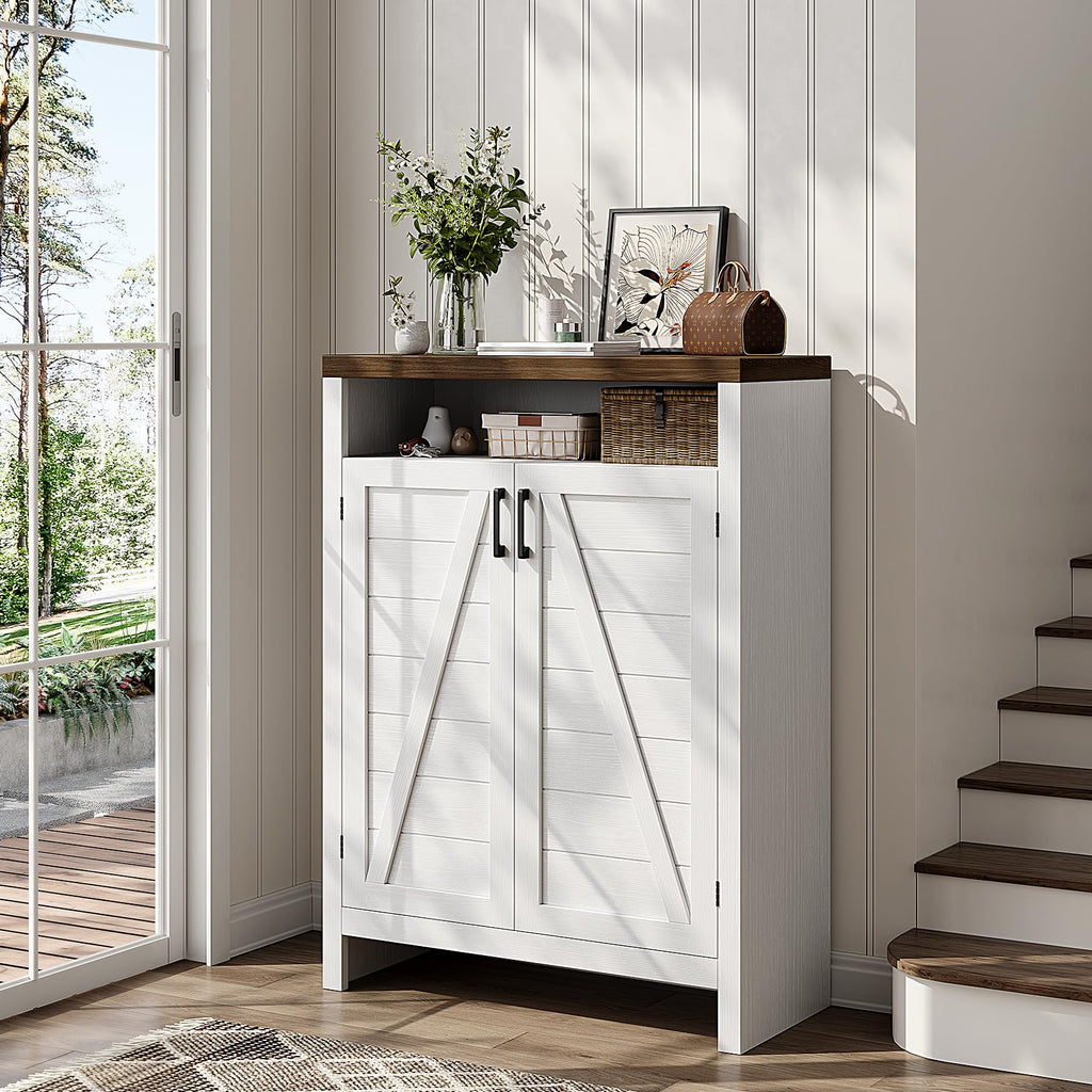 6-Tier Shoe Cabinet with Doors, Farmhouse Shoe Storage Cabinet, White